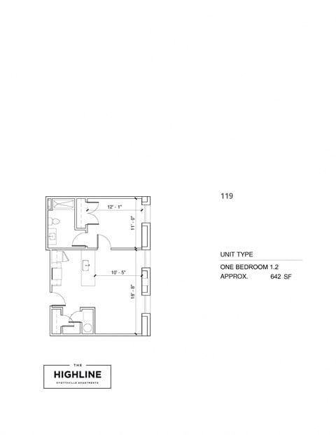 Floor plan for 1 bed, 1 bath, 645 sqft